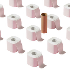 Empty toilet paper roll stands out among full rolls on white background