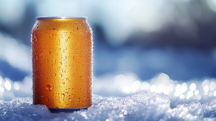 Beer can on frosty ice with condensation, under sunlight, Cold beverage.