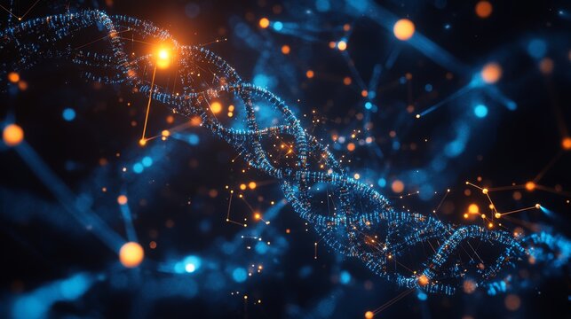 High-tech genomic visualization of luminescent base pairs connected by particle streams, surrounded by atom models and circuit-style links