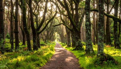 Fototapeta premium Sunlit path through a dense forest (1)