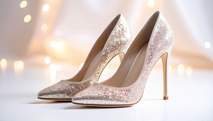 Two elegant, sparkly, pointed-toe high heels, one gold and one pink, sit on a bright white surface against blurred, warm-toned string lights