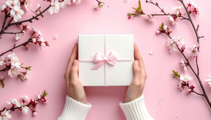 Hands hold a wrapped gift with pink bow, framed by blossoming branches against a pastel pink background. Close-up, bright, and gentle