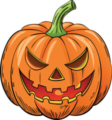 A Halloween pumpkin with a bright smiley face carved into it.