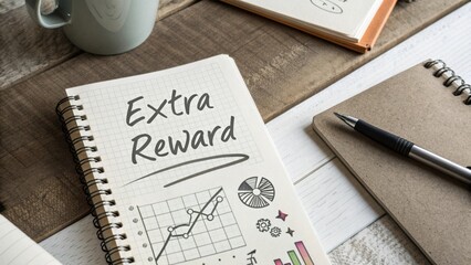 Stylish notebook with the words 'Extra Reward' and creative charts on a wooden table, featuring a pen and coffee cup