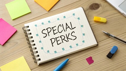 Creative Workspace with Notebook Showing Special Perks Concept Surrounded by Sticky Notes and Stationery on Wooden Table