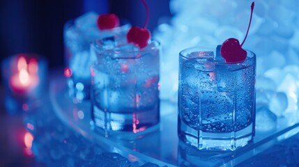Iced drinks with cherries on tray
