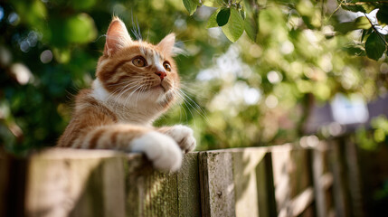 Ginger cat with fluffy fur perched on wooden fence watching nature in a sunny garden surrounded by green leaves and soft background bokeh.