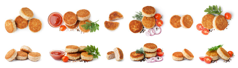 Set of tasty meat cutlets on white background