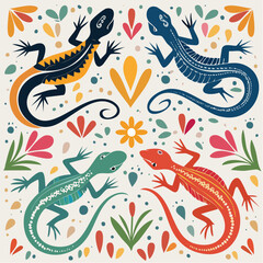 Obraz premium Colorful Lizards and Floral Pattern Artwork