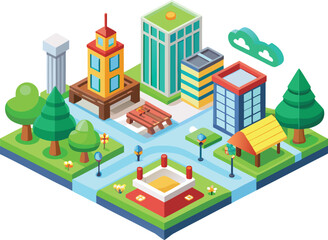 Isometric view of a city featuring buildings, trees, and a winding river.