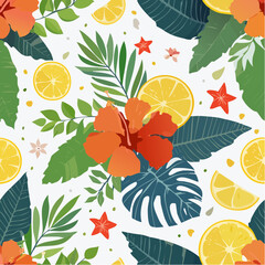Vibrant Tropical Seamless Pattern with Hibiscus Flowers and Lemon Slices