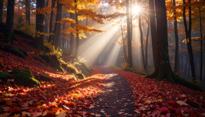 Naklejka premium Autumn Forest Path Sunbeams . Nature Concept. Generated Image