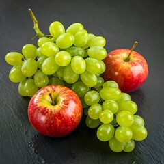 Fresh green grapes and red apples on dark surface
