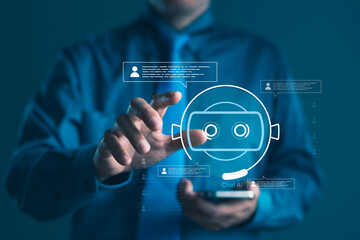 Businessman interacting with AI chatbot and virtual assistant interface for customer service