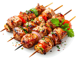 Grilled skewers of meat and vegetables on a white plate