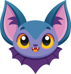 A cartoon bat with large eyes and vibrant purple wings, smiling playfully against a light background.
