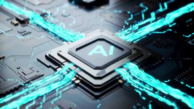 Advanced Artificial Intelligence microprocessor chip on a futuristic circuit board with glowing cyan light streams representing neural network data processing and hightech innovation.