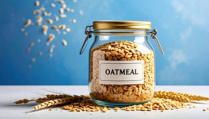 A glass jar labeled "Oatmeal" is filled with oats and set among scattered oats, stalks, on a white surface against a dreamy blue background