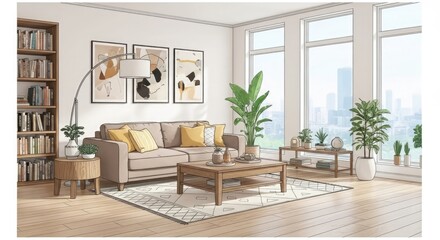 Modern living room interior design showcasing a beige sofa, wooden coffee table, and large windows offering a city view.