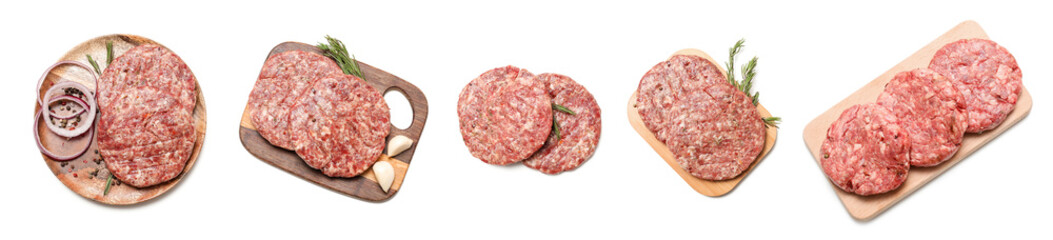 Set of raw meat cutlets on white background, top view