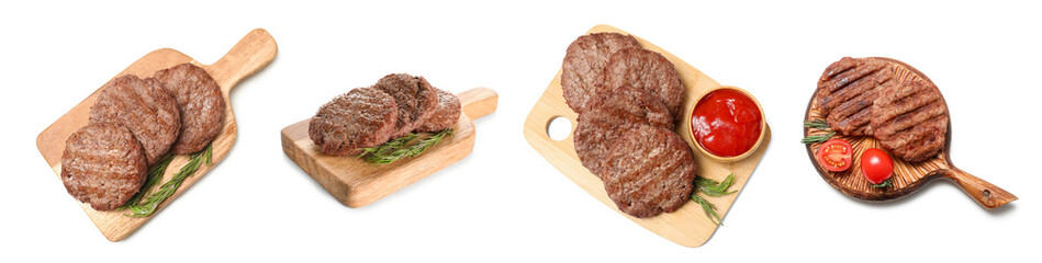 Set of tasty meat cutlets on white background