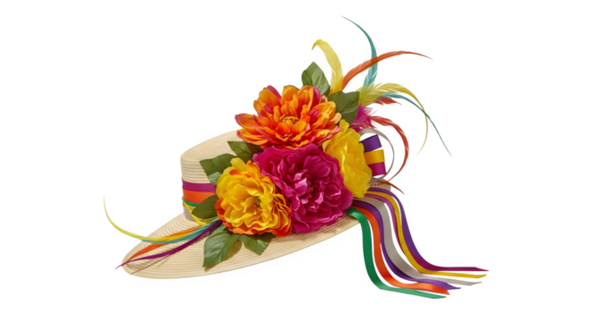 Elegant straw hat adorned with vibrant flowers isolated on transparent background, a stylish accessory for sunny days and special occasions