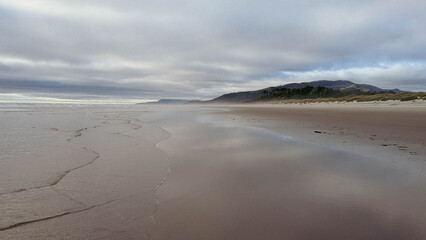 View northward along a beach towards a distant ridge covered in a dark pine forest, with the cloudy and  mysterious sky reflected on the wet sand