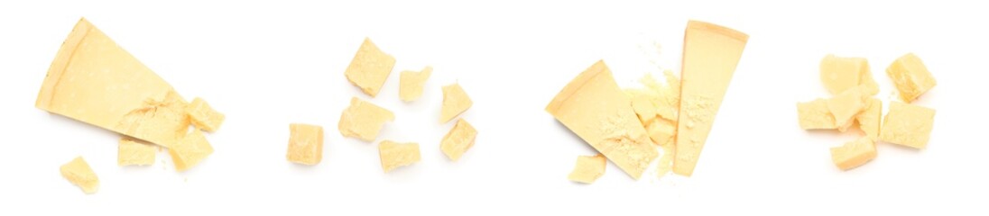 Set of tasty Parmesan cheese on white background, top view