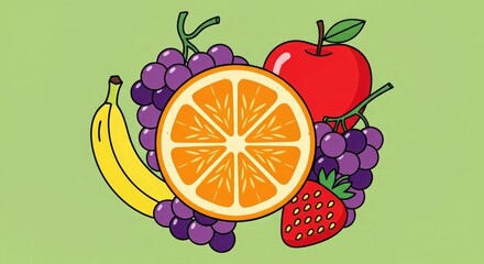 Colorful cartoon illustration of an orange slice, grapes, banana, apple, and strawberry arranged against a light green background.