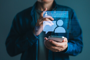 User interacting with smartphone contact list and message bubble interface for online communication and digital contact management