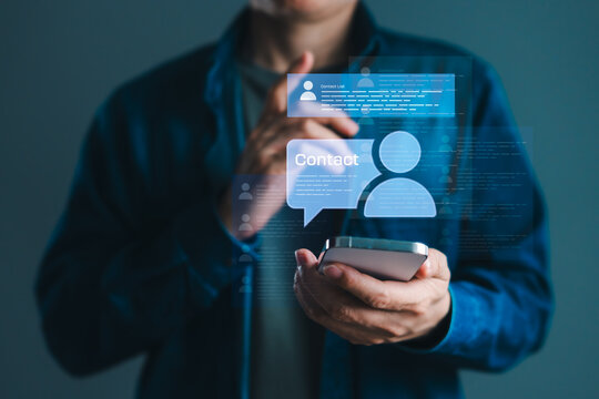 User interacting with smartphone contact list and message bubble interface for online communication and digital contact management