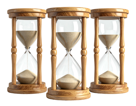 Three hourglass timers, wooden base