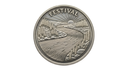 Festival coin isolated on transparent background, a commemorative token featuring a scenic river landscape, symbolizing community celebration and artistic design