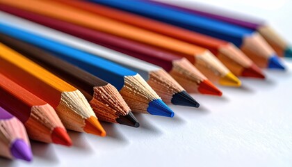 Close-up of colored pencils aligned in a row, showing vibrant hues and a sharp focus on the tips against a blurred white background