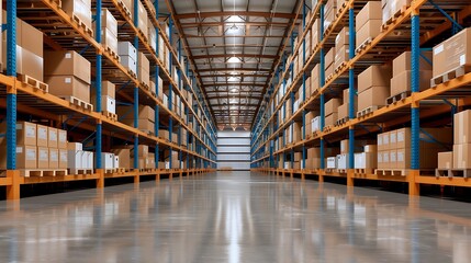 Fototapeta premium Interior of a modern warehouse with blue metal racking systems, organized inventory, and strategic lighting for optimal visibility. , full ultra HD, high resolution