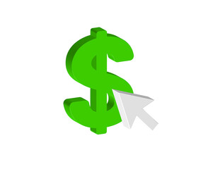 Simple 3D illustration of a money icon with a cursor selection arrow. Transparent background in PNG format.