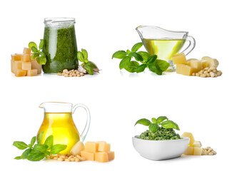 Set of tasty Pesto sauce and ingredients on white background
