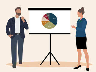 Two business people, man and woman, standing next to a flip chart displaying a pie chart