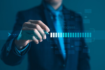 Businessman interacting with progress bar and workflow interface using stylus for task tracking and business performance optimization