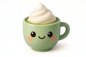 Adorable matcha latte with whipped cream in a cute kawaii mug offers a delicious and heartwarming treat, perfect for cafes and cozy food promotions
