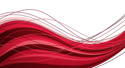 A dynamic design featuring flowing red and pink lines creating a wave-like pattern on a white background.