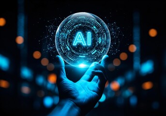 Powerful AI concept glowing in hand, envision the future with artificial intelligence, a spark of innovation and technology, modern solutions are at your fingertips, ready to launch