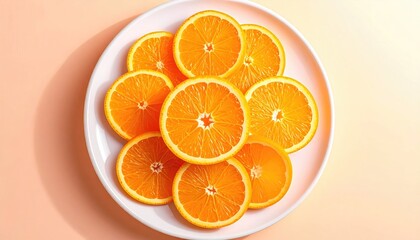 Overhead shot of vibrant orange slices arranged on a white plate, casting shadows on a light orange background