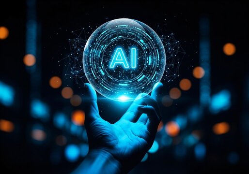 Powerful AI concept glowing in hand, envision the future with artificial intelligence, a spark of innovation and technology, modern solutions are at your fingertips, ready to launch