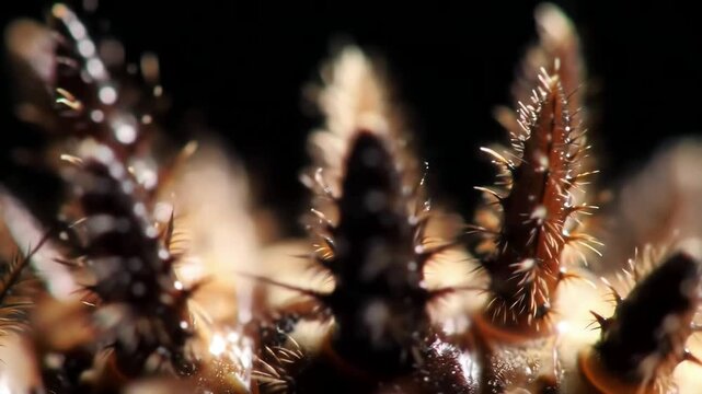 An extreme closeup macro video reveals the intricate and alienlike details of a marine bristle worm its spiky chaetae shimmering as it moves through the dark water.