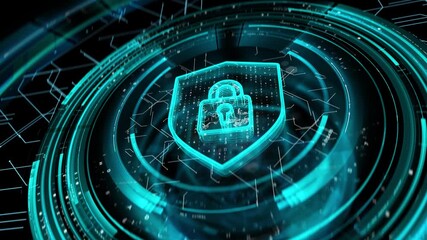 Futuristic 3D Animation of Cybersecurity Technology with Glowing Shield. Lock and Digital Network. Concept of Data Protection. AI Encryption and Global Computer Defense in Virtual User Cyberspace 4k - Powered by Adobe