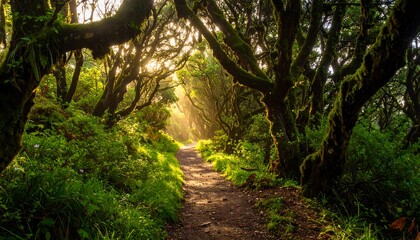 Fototapeta premium Sunlit path through a lush, mossy forest