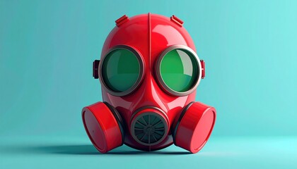 Vibrant red gas mask with green lenses against a soft teal background, creating a stark contrast. Frontal view, surreal aesthetic