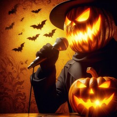 Striking jack-o&rsquo;-lantern singer holding microphone with glowing carved pumpkin on dark golden background with bats. Perfect for Halloween prints, tees, party decor, embodying spooky autumn