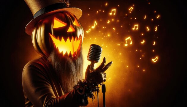 Striking jack-o’-lantern in hat singing into microphone with glowing music notes on dark background. Perfect for Halloween posters, tees, party prints, embodying spooky festive mood
